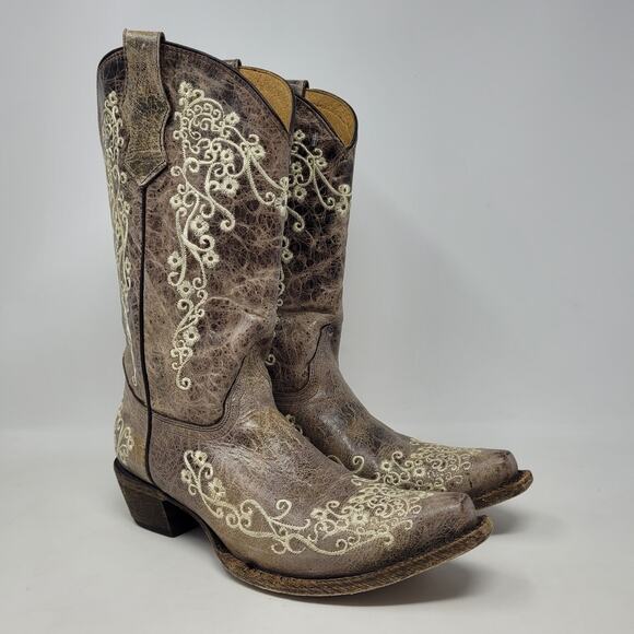Corral Boots 5.5 Bone Leather Floral Embroidered Western Cowboy Snip Toe A2773